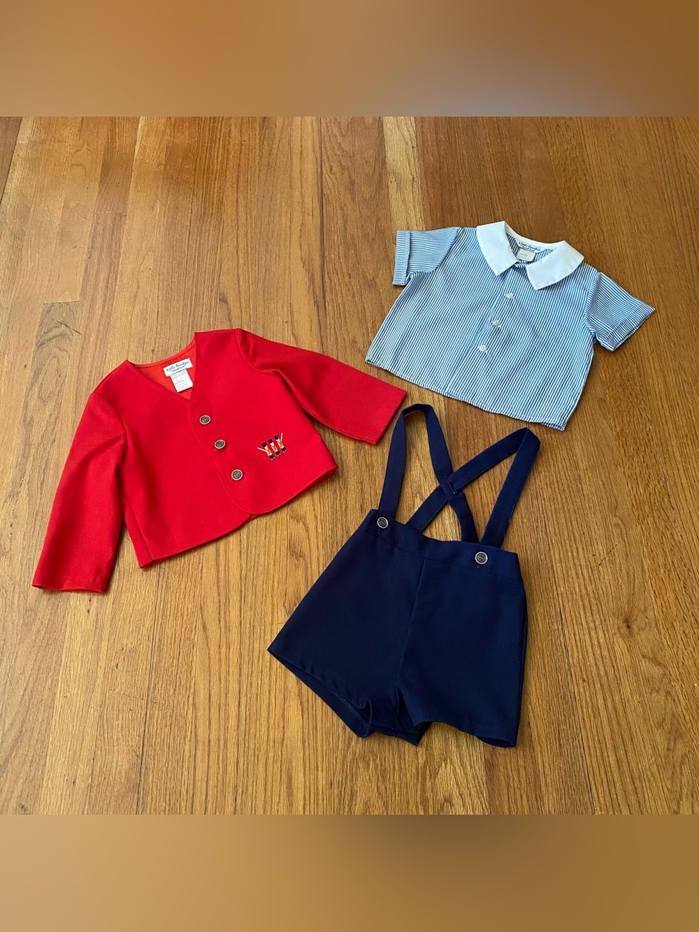 Little Goodies Vintage Holiday Jacket, Striped Shirt & Navy Suspender Shorts Set